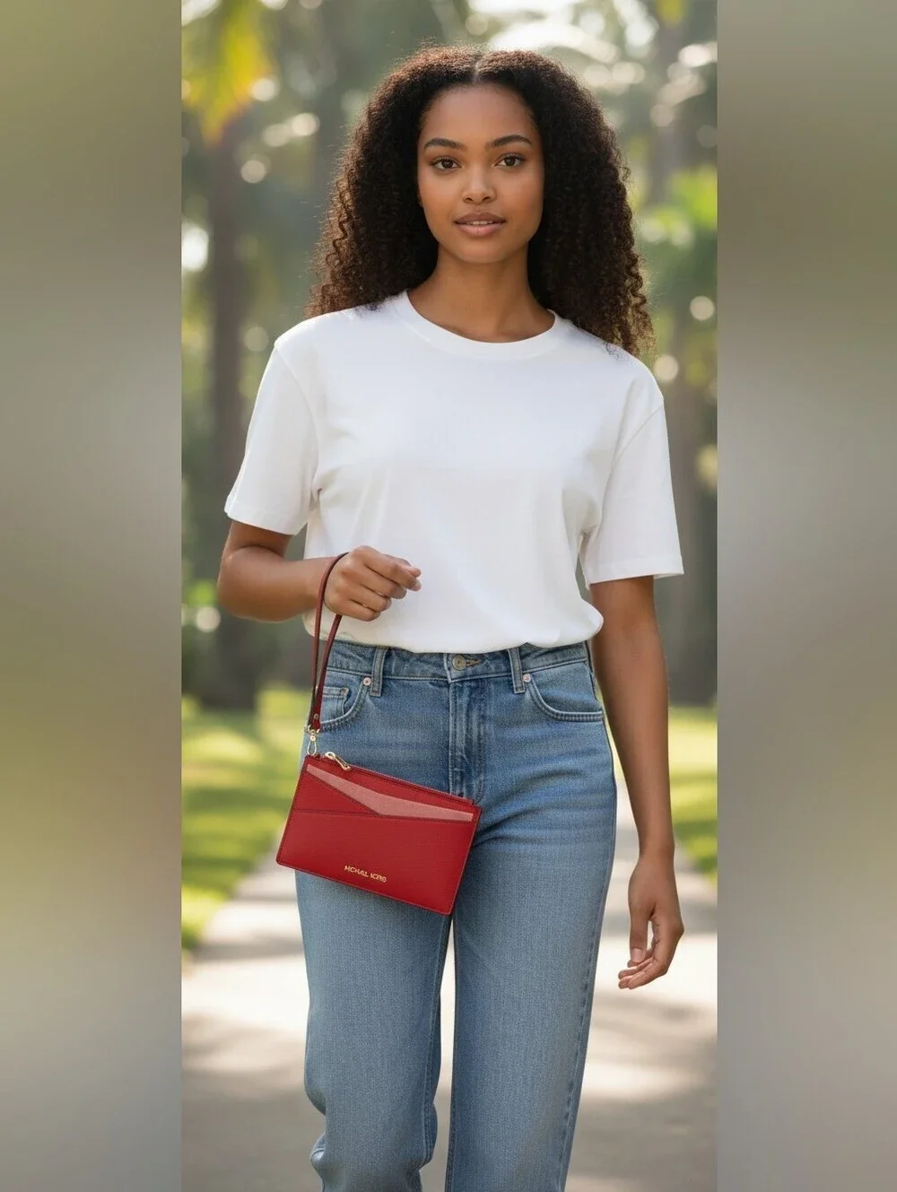 Michael Kors Jet Set Medium red Saffiano Leather Crossover Slim Wallet Wristlet